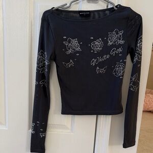 White Fox Charcoal Long Sleeve Top with rhinestones Floral Design. Size small